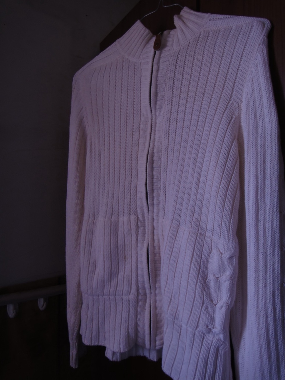 Women's Cream Rib-Knit Zip Front Cardigan Jacket
